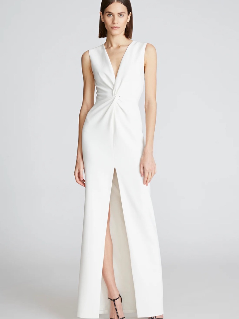 Halston Heritage White Sleeveless Maxi Dress with Front Twist. MELANIE GOWN